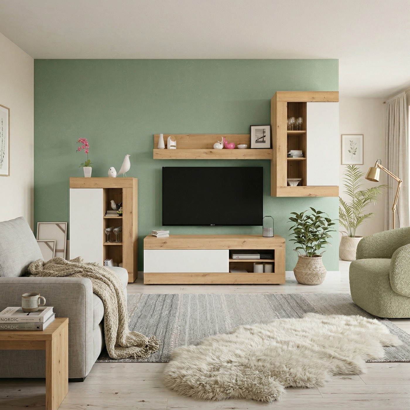 Soggiorno completo in offerta, finitura Rovere nodi e Bianco opaco