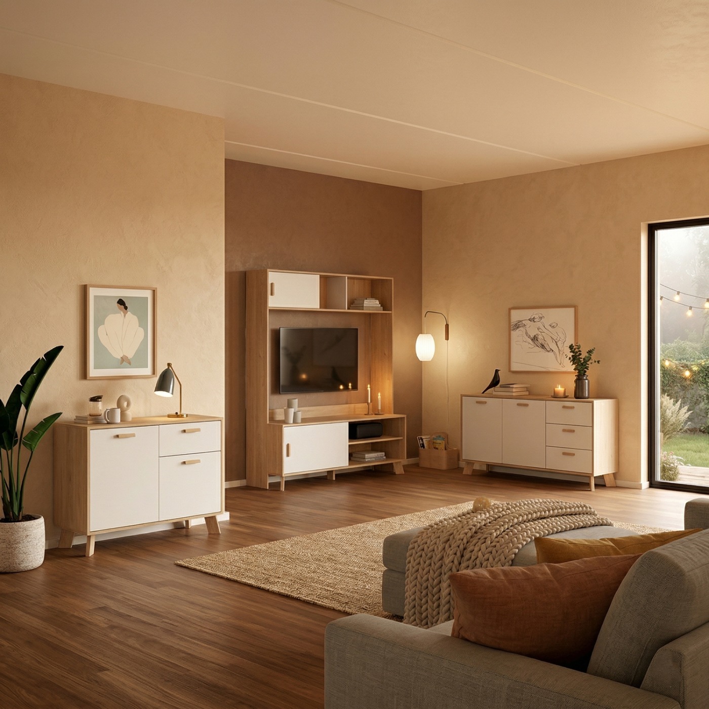 Soggiorno a basso costo in finitura Rovere e Bianco 