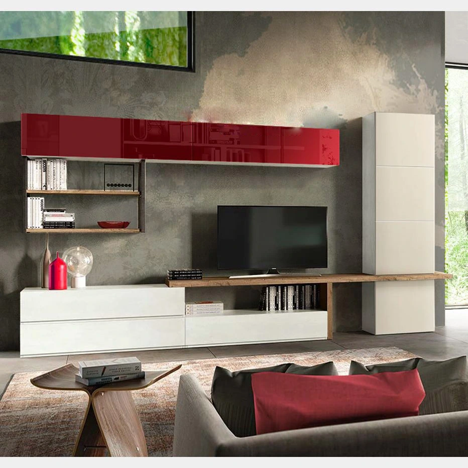 Soggiorno moderno Zenzero, parete attrezzata Arkas in finitura Frassinato bianco, Rovere Nordico, Terra opaco e Vetro Rosso