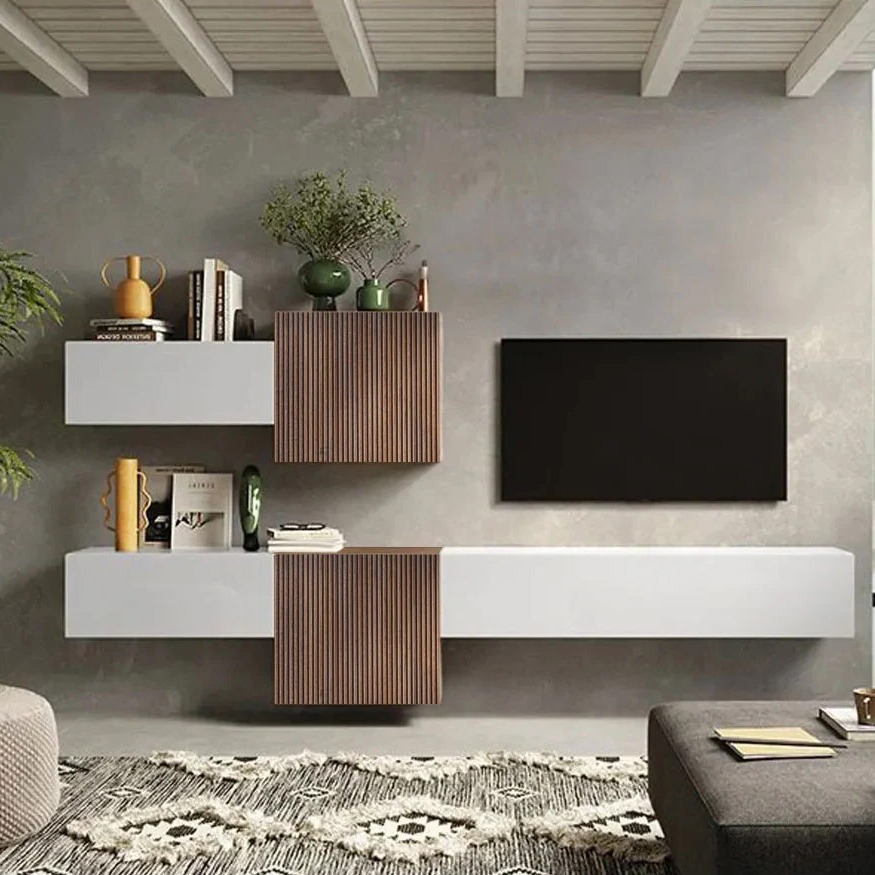 Aggiungi al carrello Pareti attrezzate 262x30x190 h cm, Bianco lucido e Mercure cannettato, collezione Logica