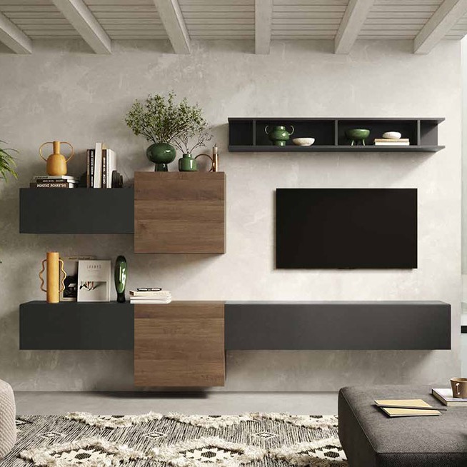 Parete attrezzata soggiorno moderno, finitura Lava e Mercure