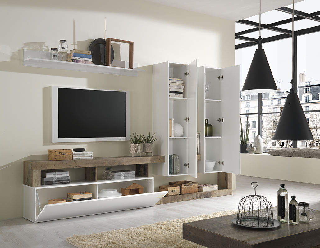 Parete attrezzata con 2 pensili veriticali, una ribalta e una mensola in finitura bianco laccato lucido e pero