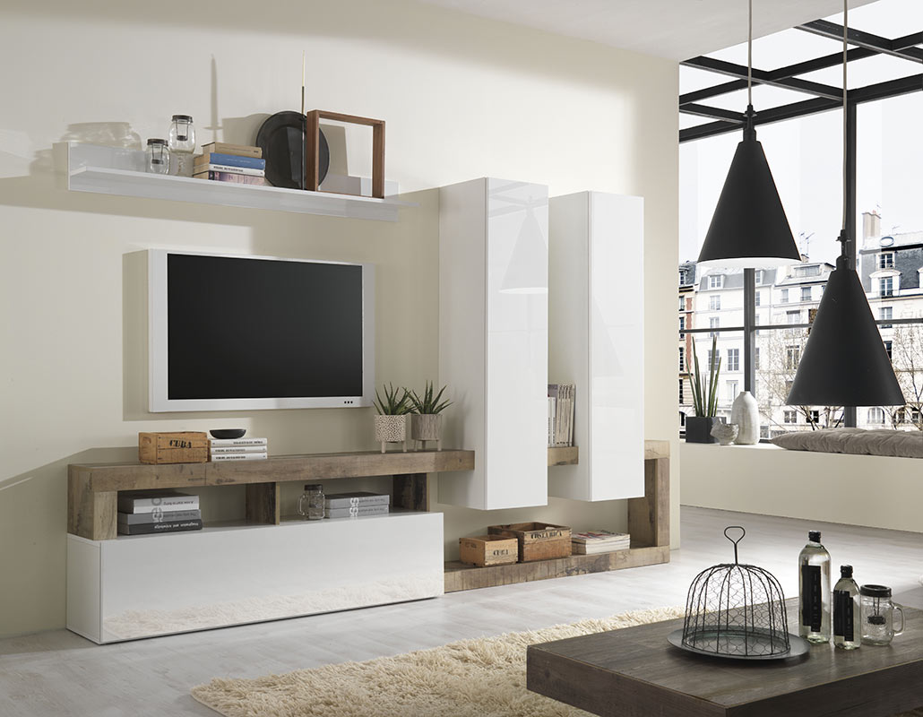 Soggiorno moderno con parete attrezzata e madia a 2 ante in finitura bianco lucido e pero