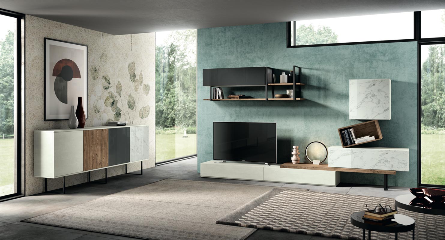 Madia Fiamma moderna in finitura Bianco Calce,Rovere nordico, Vetro antracite e Vetro marmo white 