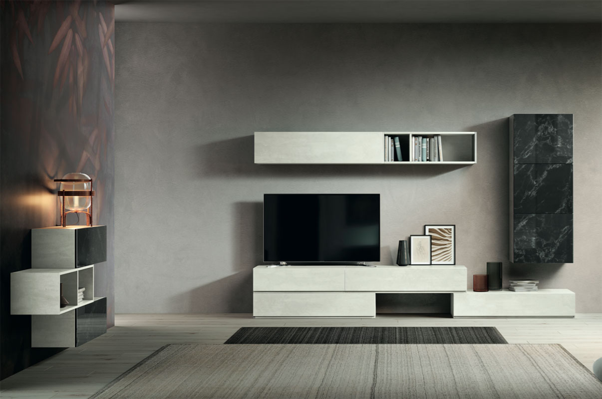 Soggiorno moderno Bozzolo composto da parete attrezzata e madia sospesa 