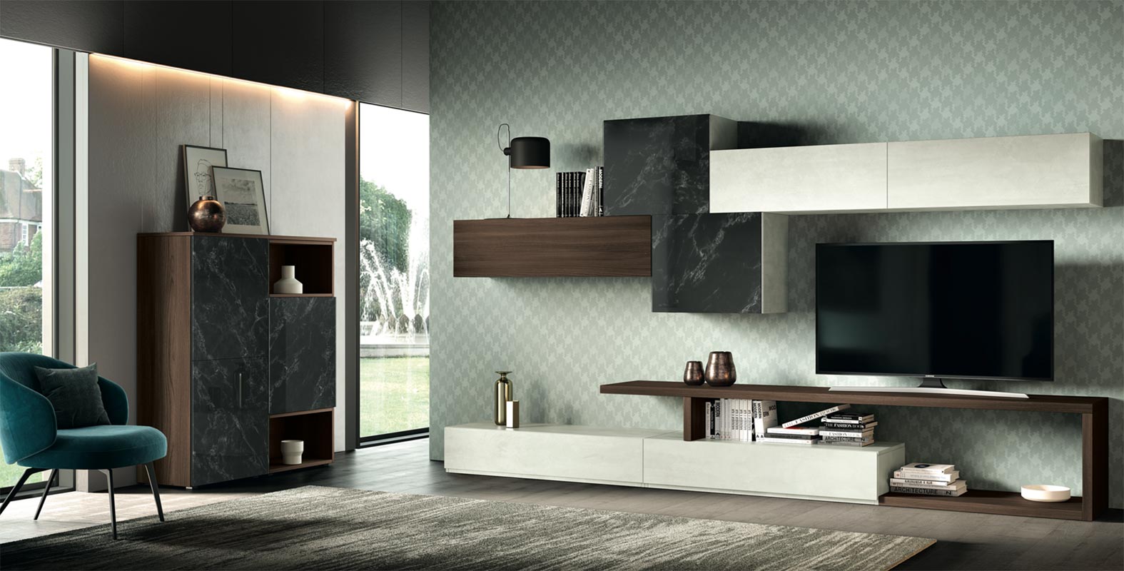 Soggiorno Rosetta con parete attrezzata e madia  in finitura Bianco calce, Quercia brown e Vetro marmo dark