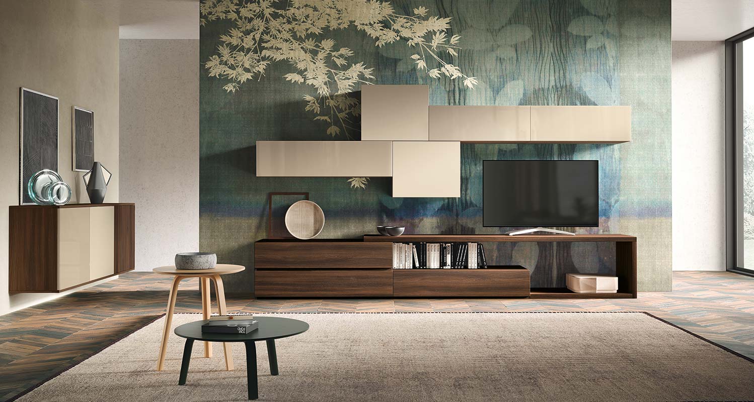 Parete attrezzata Giove  in finitura Quercia brown, Terra opaco e Vetro corda