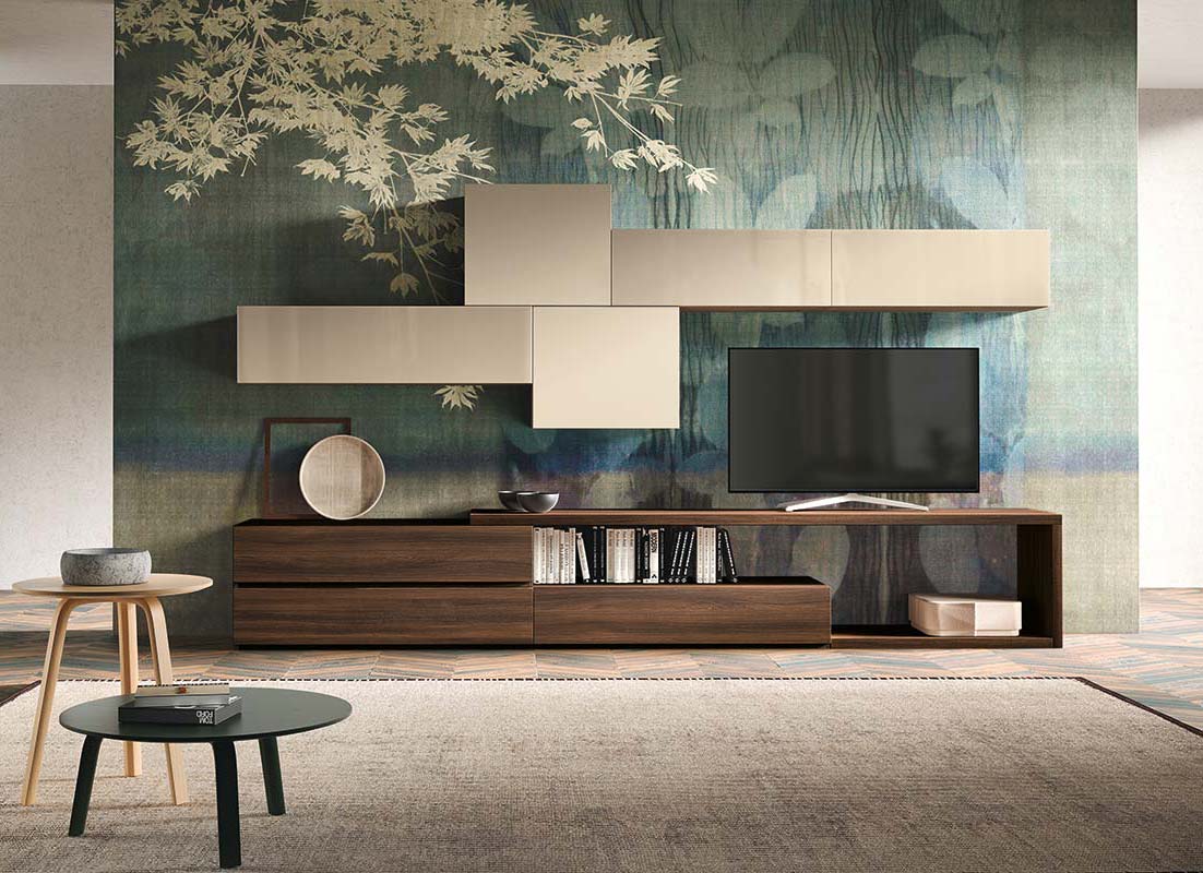 Parete attrezzata Giove  in finitura Quercia brown, Terra opaco e Vetro corda