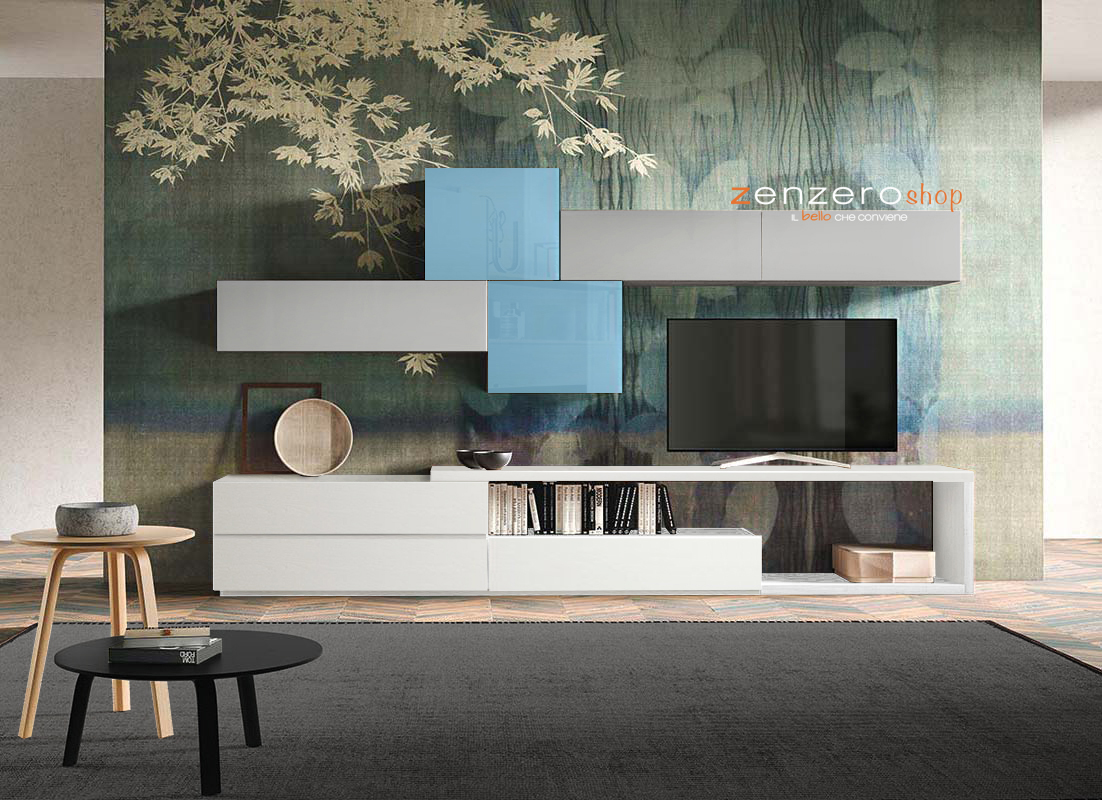 Parete attrezzata Isagel  in finitura Bianco frassinato, Grigio opaco e Vetro azzurro