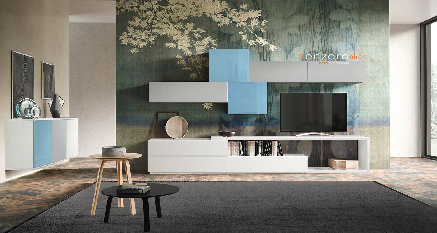 Parete attrezzata Isagel  in finitura Bianco frassinato, Grigio opaco e Vetro azzurro