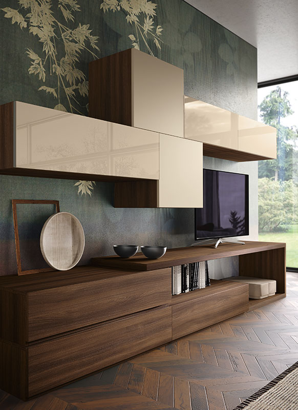 Parete attrezzata Giove  in finitura Quercia brown, Terra opaco e Vetro corda