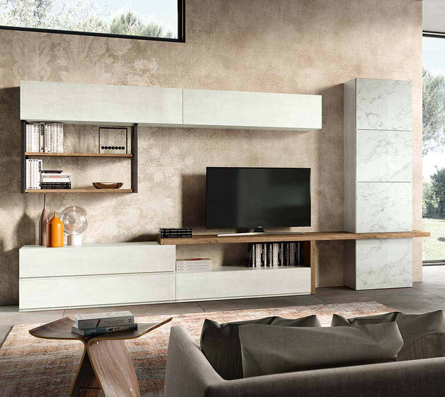 Soggiorno moderno California con parete attrezzata e madia