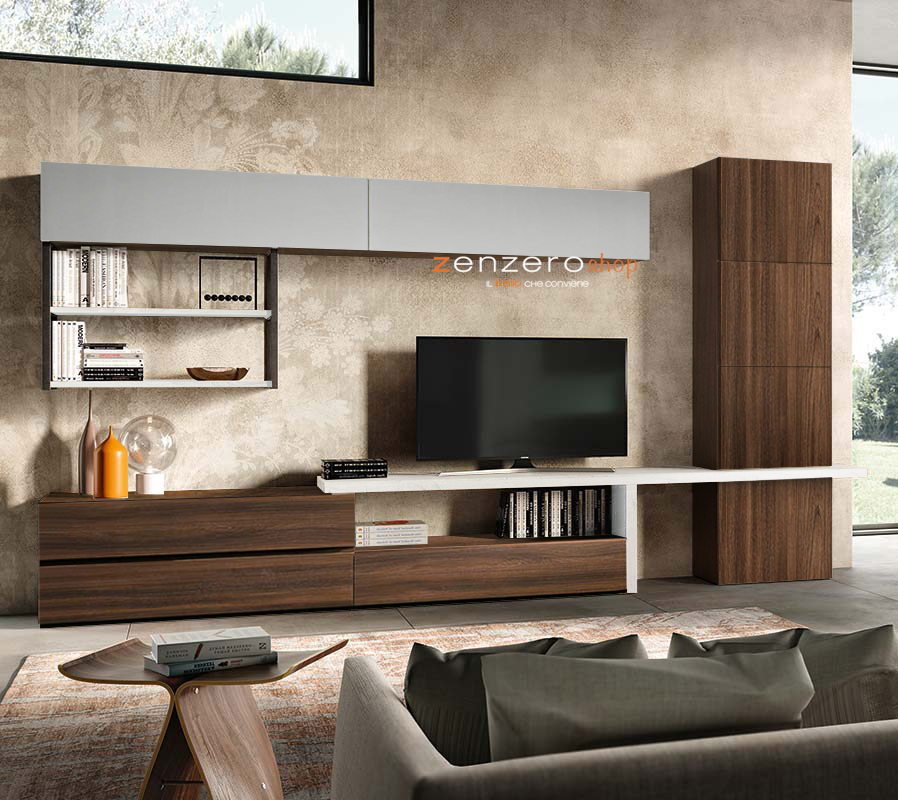 Parete attrezzata Arkas in finitura Frassinato bianco, Quercia brown e Grigio opaco