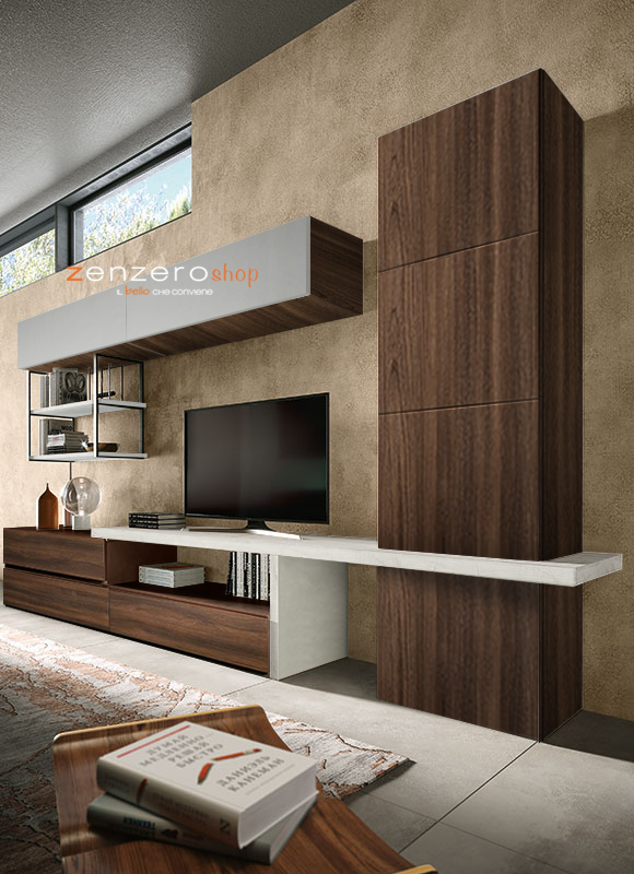 Parete attrezzata Arkas in finitura Frassinato bianco, Quercia brown e Grigio opaco