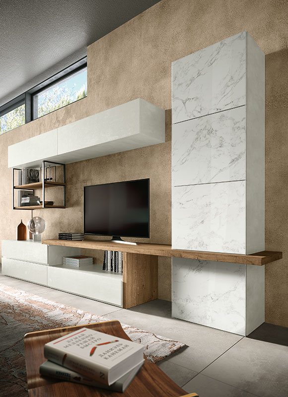 Soggiorno moderno California con parete attrezzata e madia