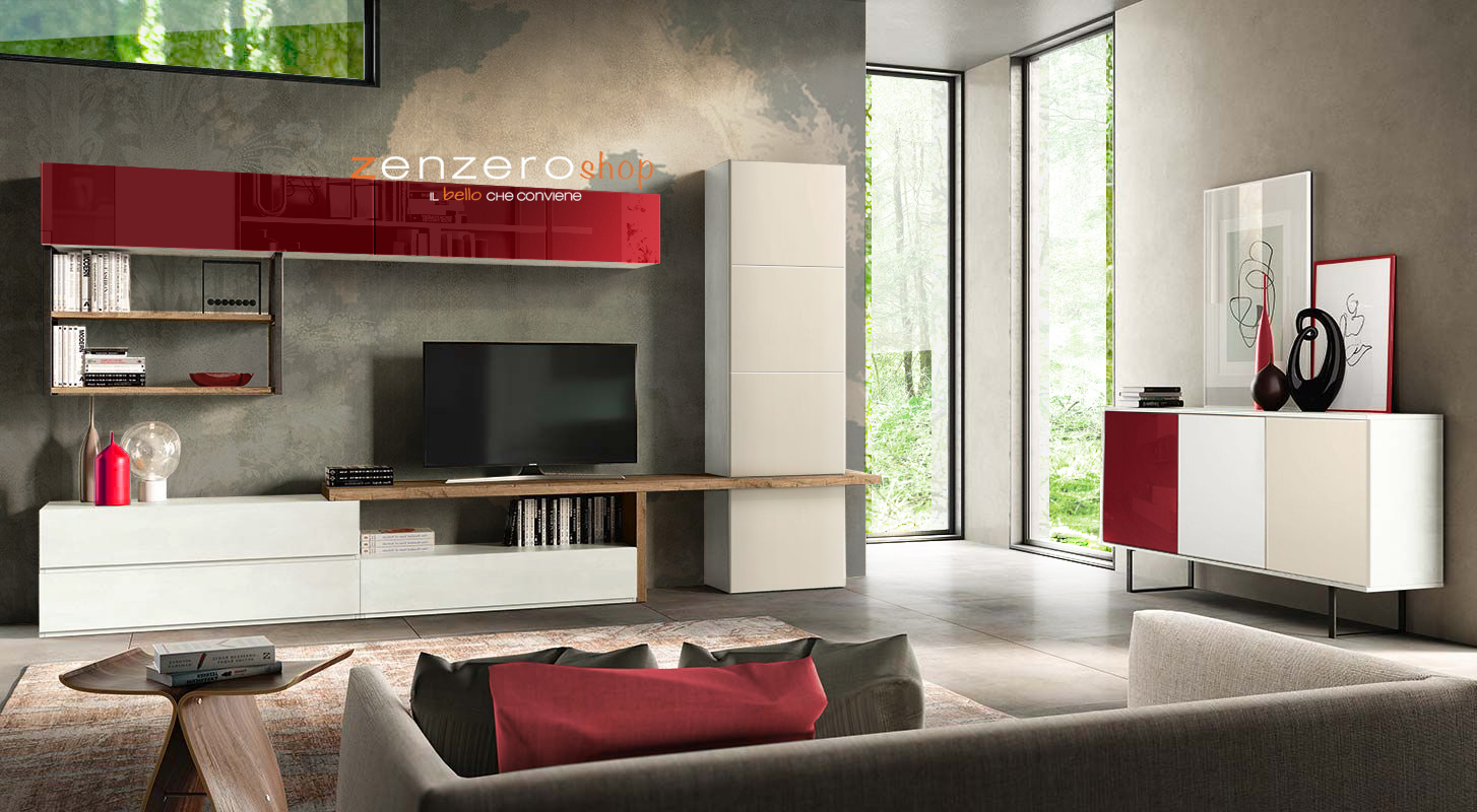 Madia  moderna Orbitar con 3 ante in finitura Bianco calce, Vetro rosso, Terra opaco e Bianco opaco