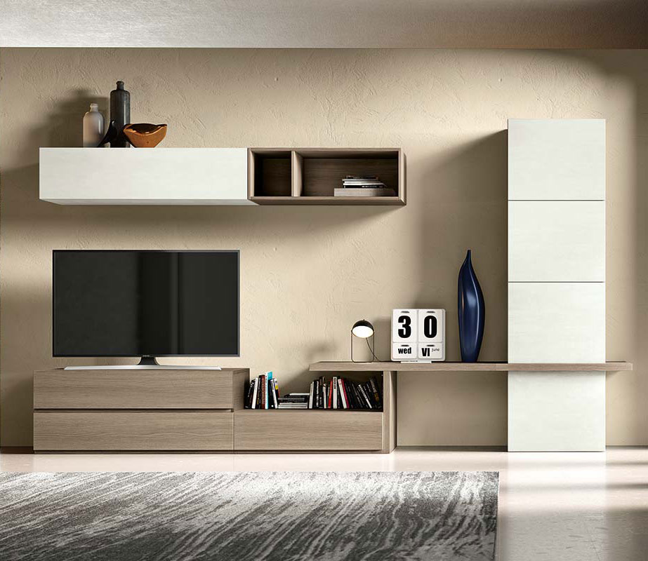 Soggiorno moderno Helix con parete attrezzata e zona studio  in finitura Bianco calce e Olmo