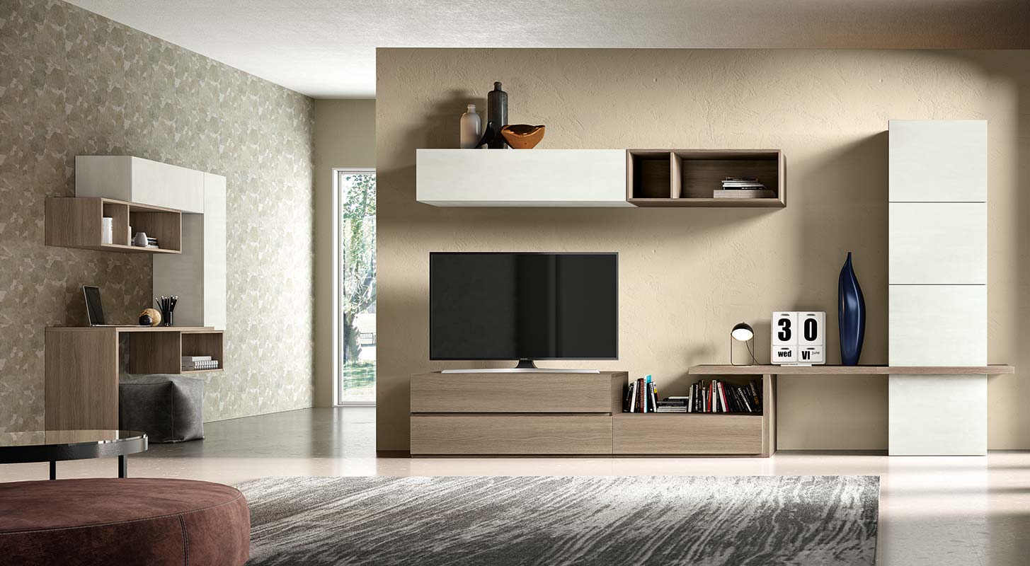 Parete attrezzata Harriot in finitura Bianco frassinato, Rovere nodato e Terra opaco