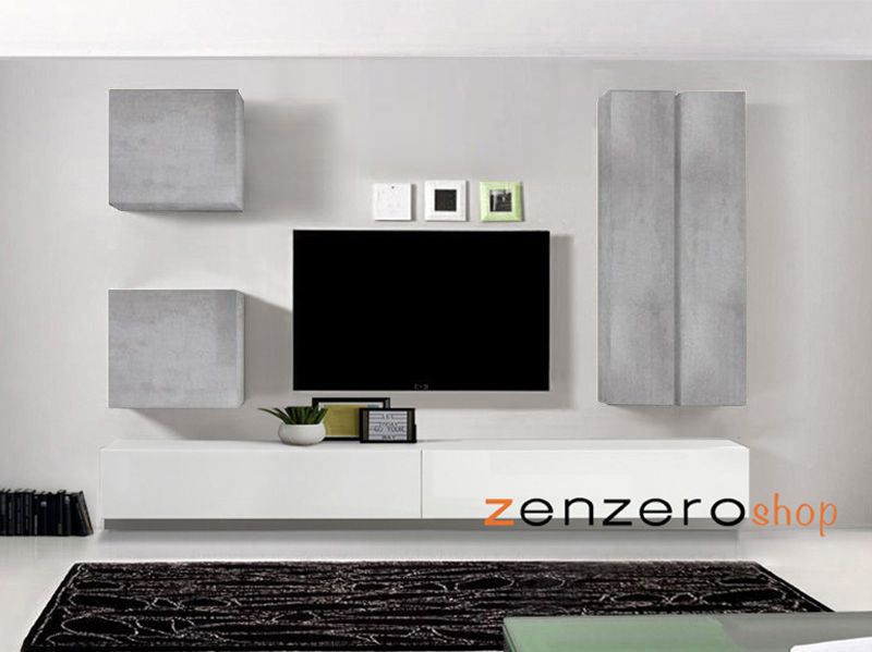 Parete attrezzata bianca laccato lucida, beton, gesso e mensola Bianca