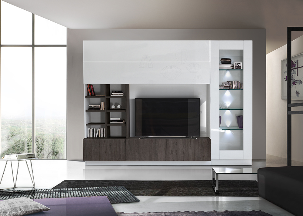 Parete attrezzata con vetrina e libreria in finitura wengè e bianco lucido