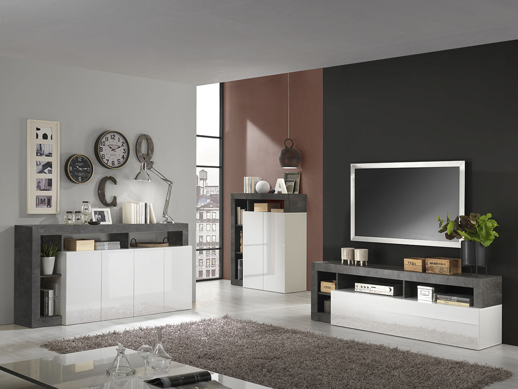 Soggiorno moderno composto da 2 madie e un portv Tv in finitura bianco e ossido