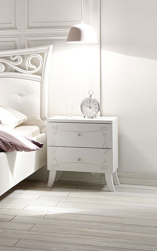 Coppia di comodini stile contemporaneo, bianco avatar e serigrafia floreale