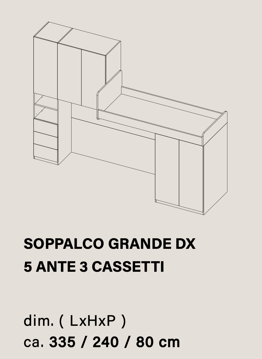 Cameretta a soppalco con armadio integrato, finitura Gesso