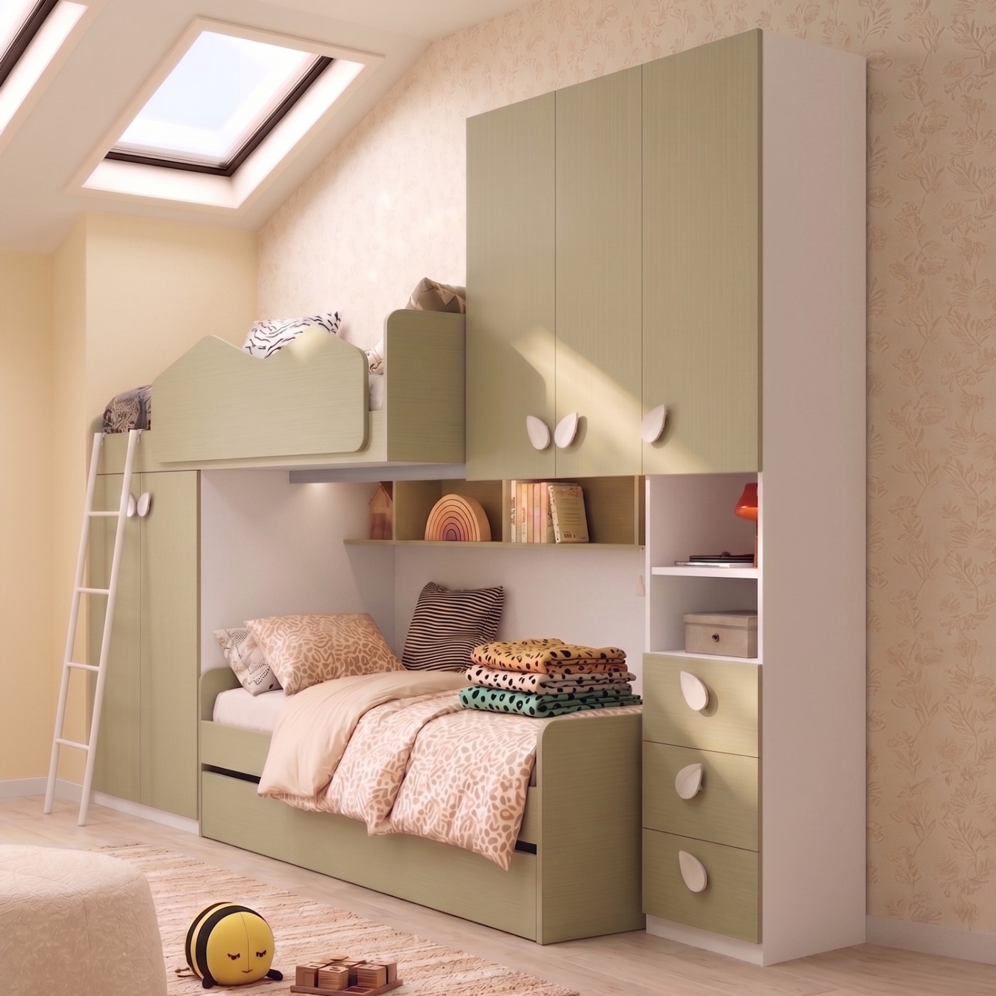 Letto a soppalco salvaspazio, L.335, Bianco opaco e Pistacchio