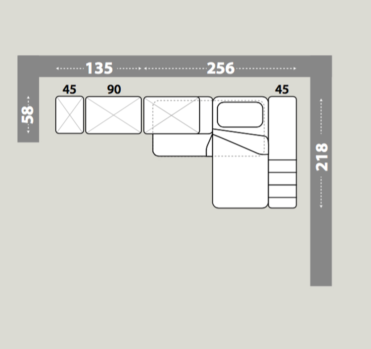 Cameretta soppalco angolare con passerella, finitura Bianco frassino, Celeste e Gessato cenere