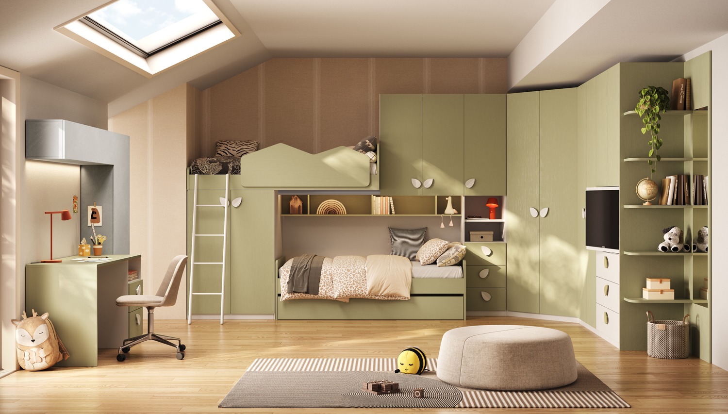 Cameretta a soppalco 3 posti letto con angolo e vano tv, Pistacchio e Bianco