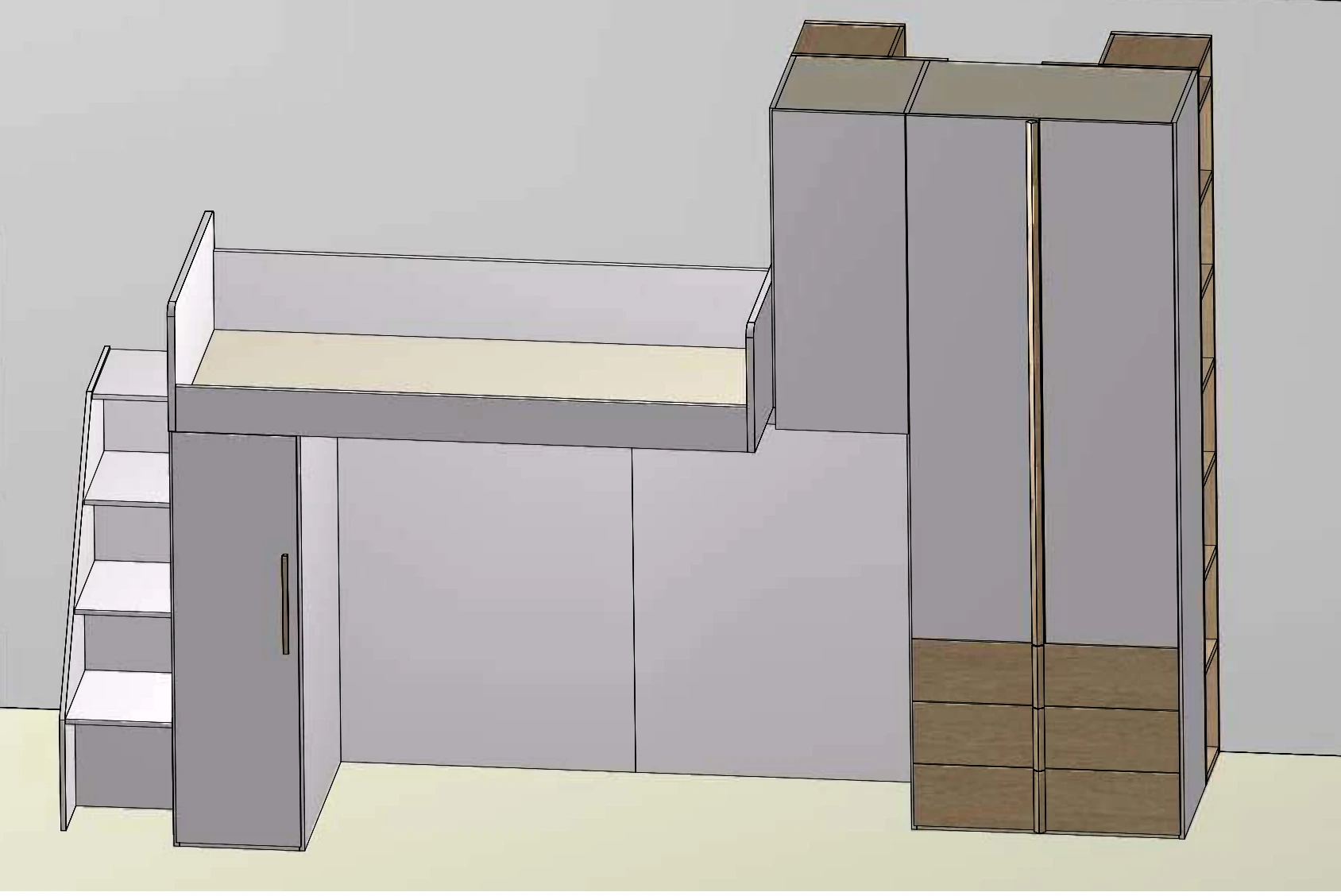 Cameretta soppalco con passerella, Rovere nordico e Bianco opaco