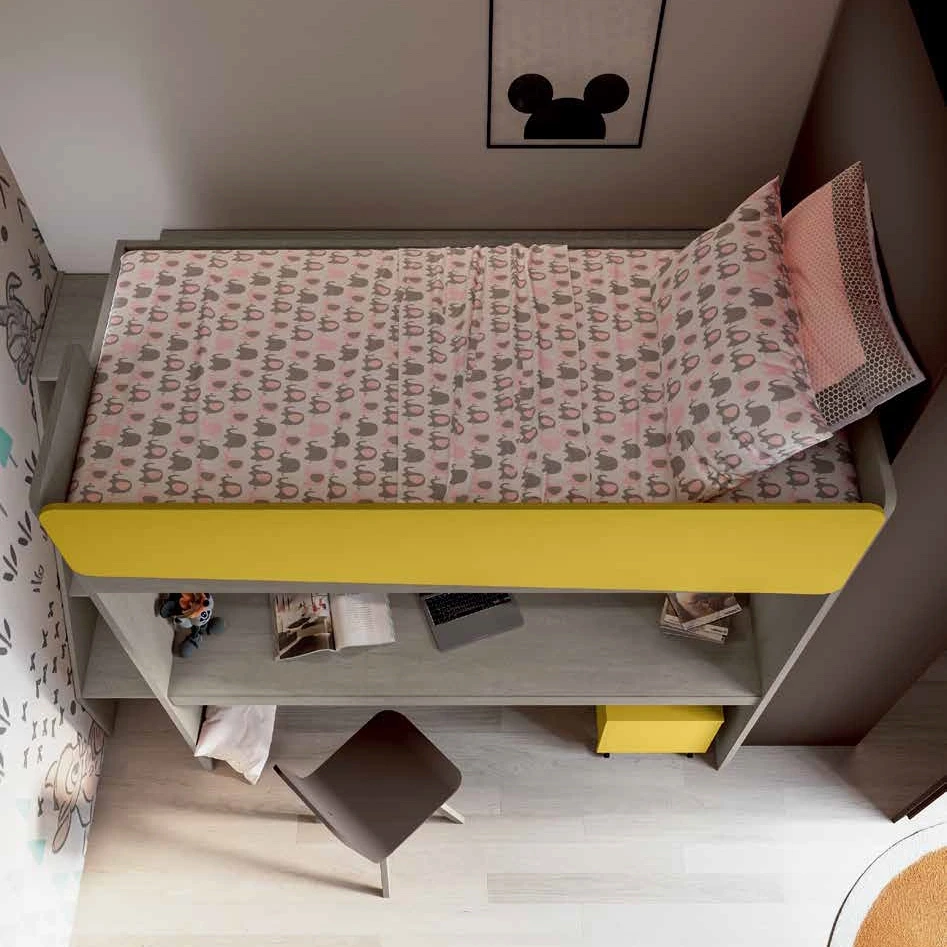 Letto soppalco con passerella, scaletta contenitiva e scrivania, L.239