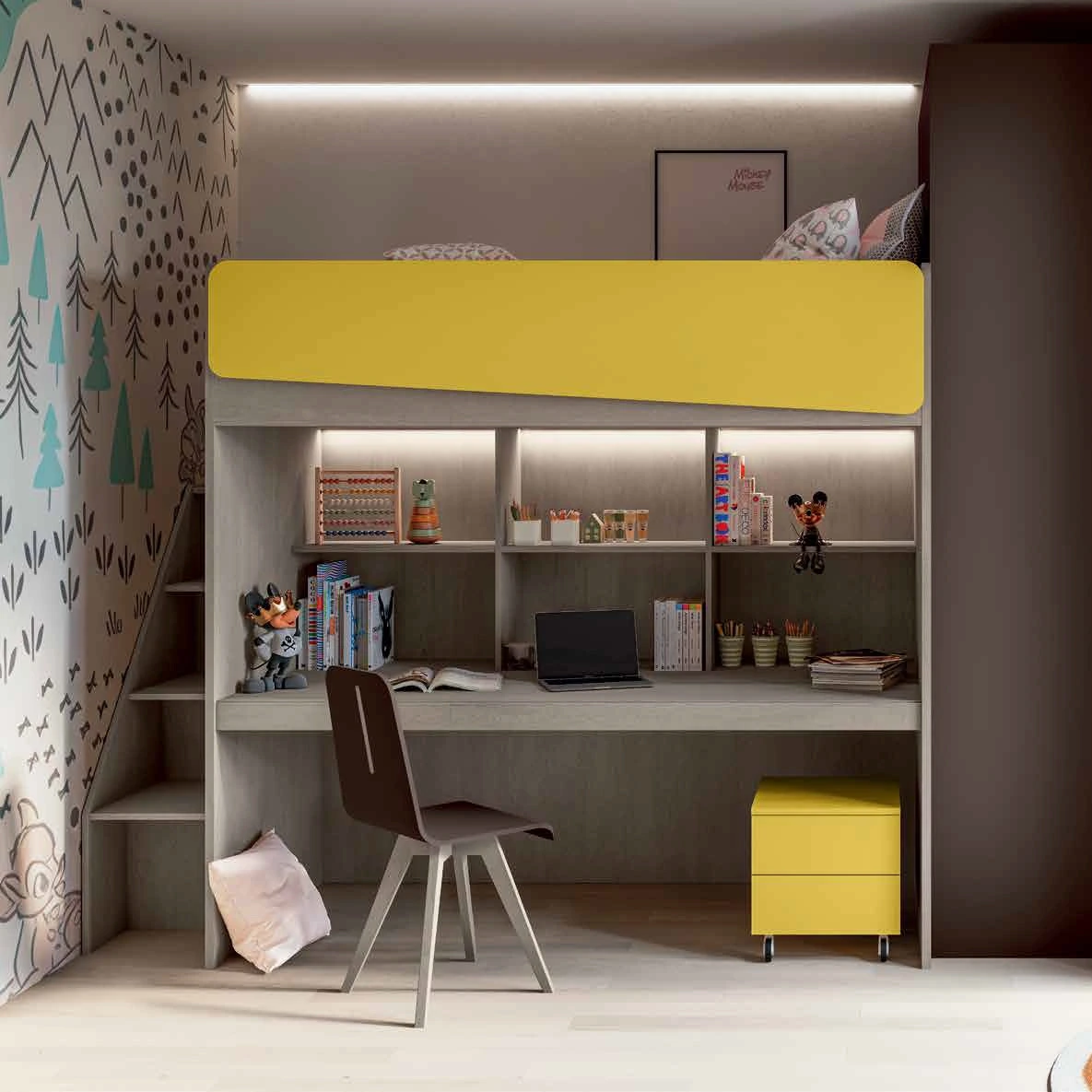 Letto soppalco con passerella, scaletta contenitiva e scrivania, L.239