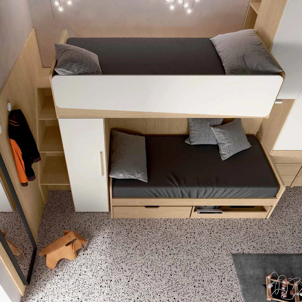 Cameretta soppalco con passerella, Rovere nordico e Bianco opaco