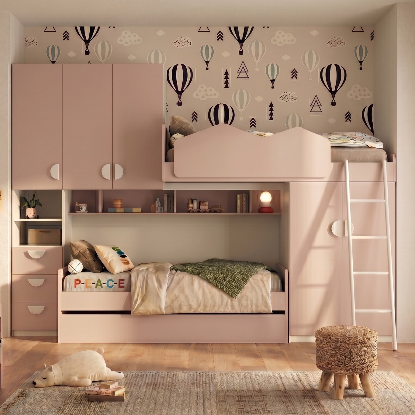 Cameretta soppalco con 5 ante, finitura Flamingo e Bianco opaco