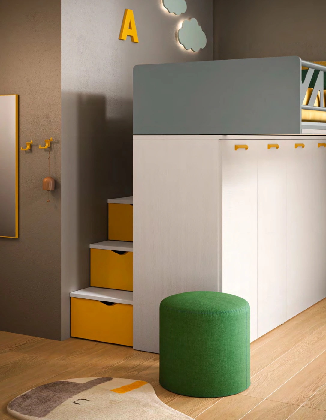 Letto a castello Level Smart, Frassino bianco, Ocra e Cemento, Moretti Compact