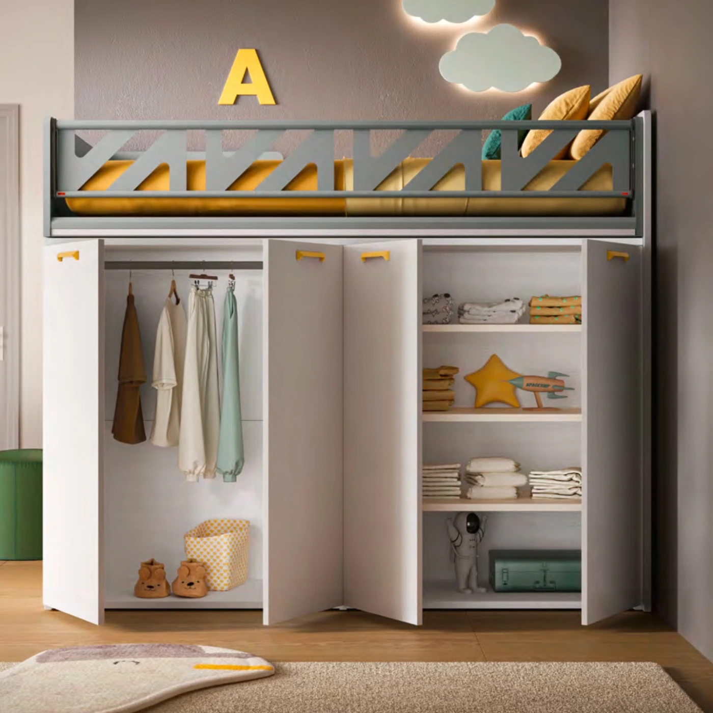 Letto a castello Level Smart, Frassino bianco, Ocra e Cemento, Moretti Compact