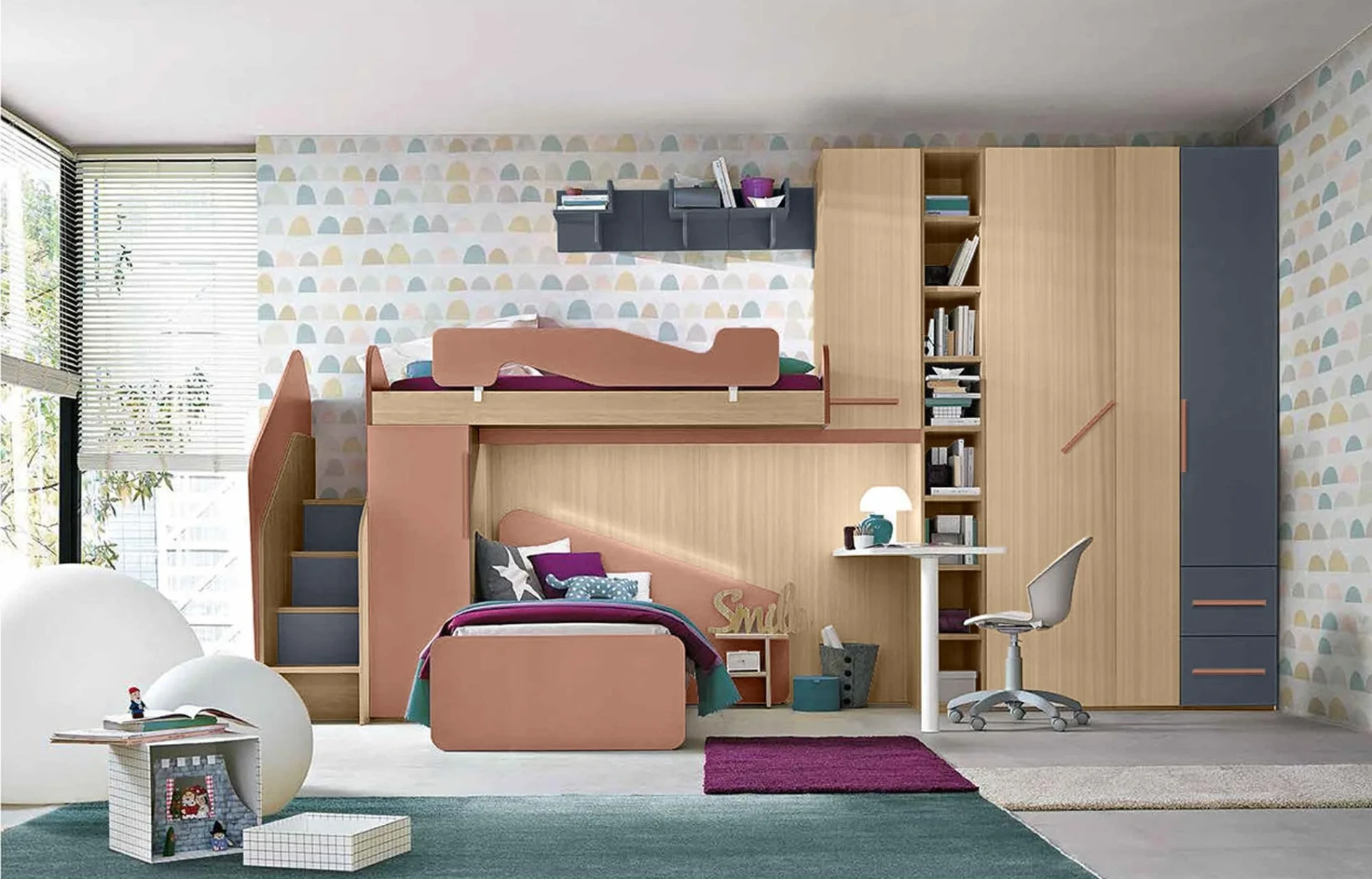 Soppalco camerette con due posti letto e scaletta contenitiva, finitura Rovere ambra, Blu reale e Rosa antico