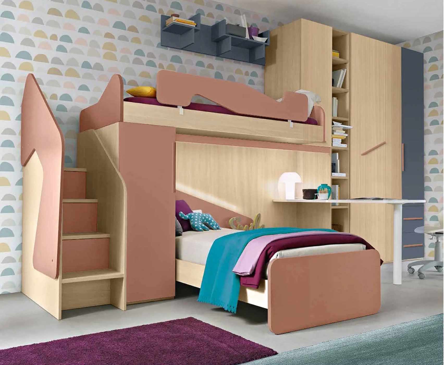 Soppalco camerette con due posti letto e scaletta contenitiva, finitura Rovere ambra, Blu reale e Rosa antico