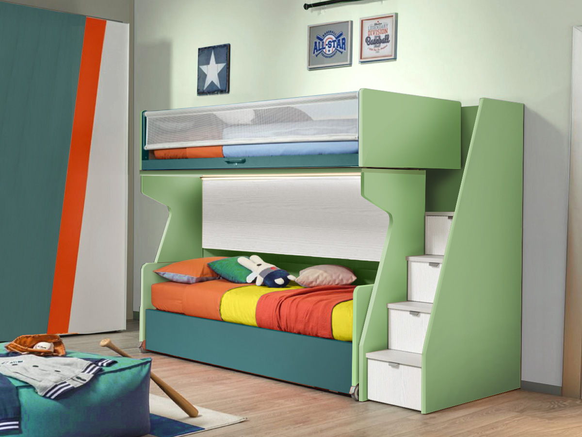 Letto a soppalco con passerella a 3 posti letto Moretti Compact, Flora e Pavone