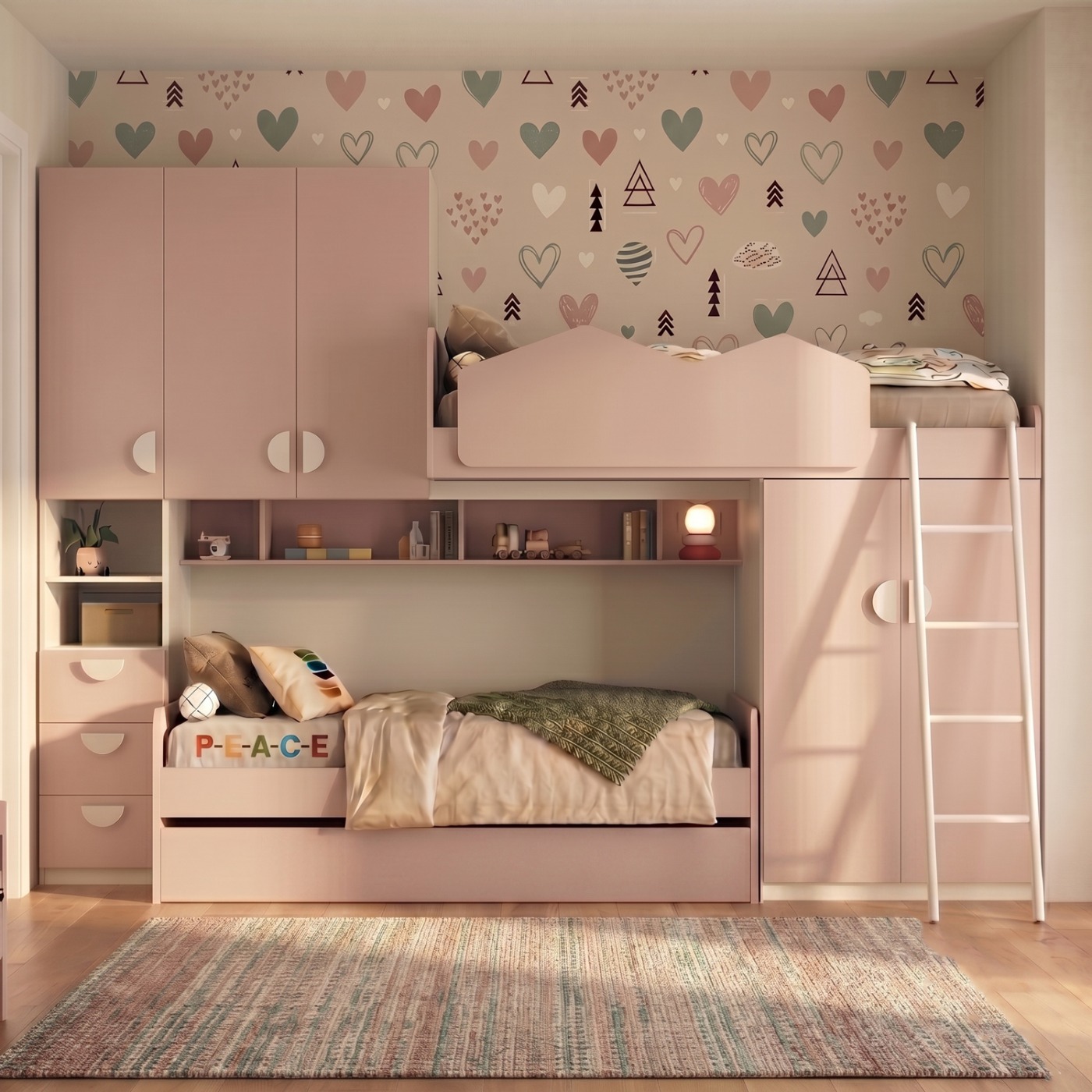 Cameretta soppalco con 5 ante, finitura Flamingo e Bianco opaco