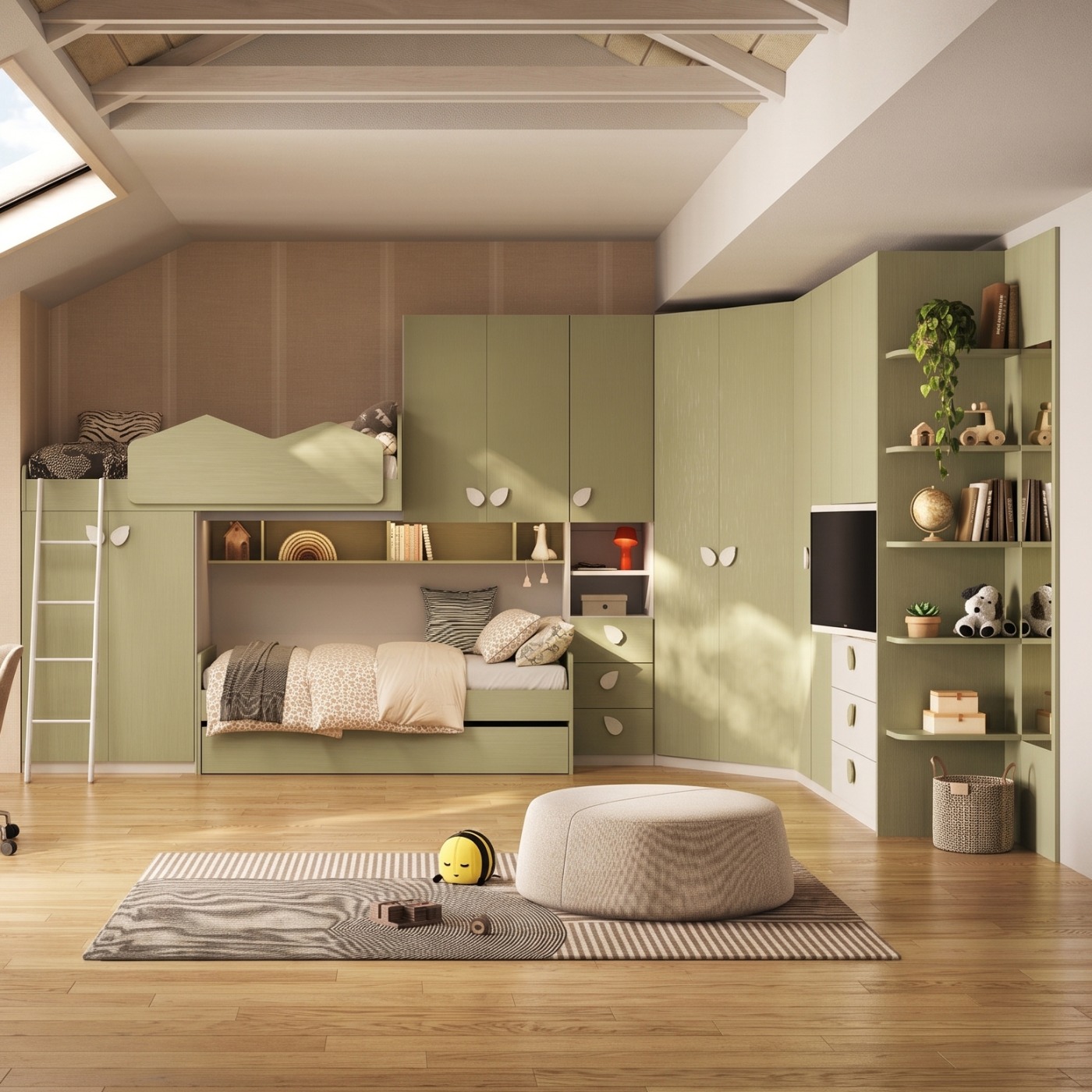 Cameretta a soppalco 3 posti letto con angolo e vano tv, Pistacchio e Bianco