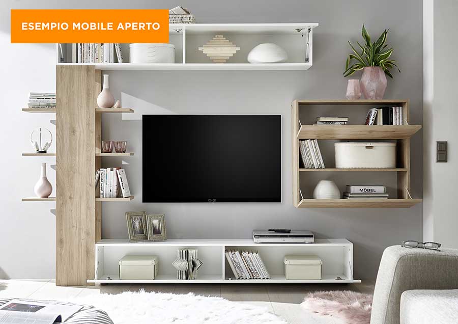 Funzionale Soggiorno Zenzero, parete attrezzata moderna con pensili, Bianco Laccato Lucido e Beton