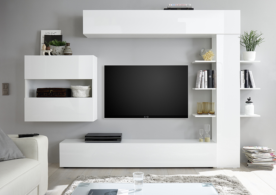 Pareti attrezzate soggiorno moderne con libreria bianco lucido