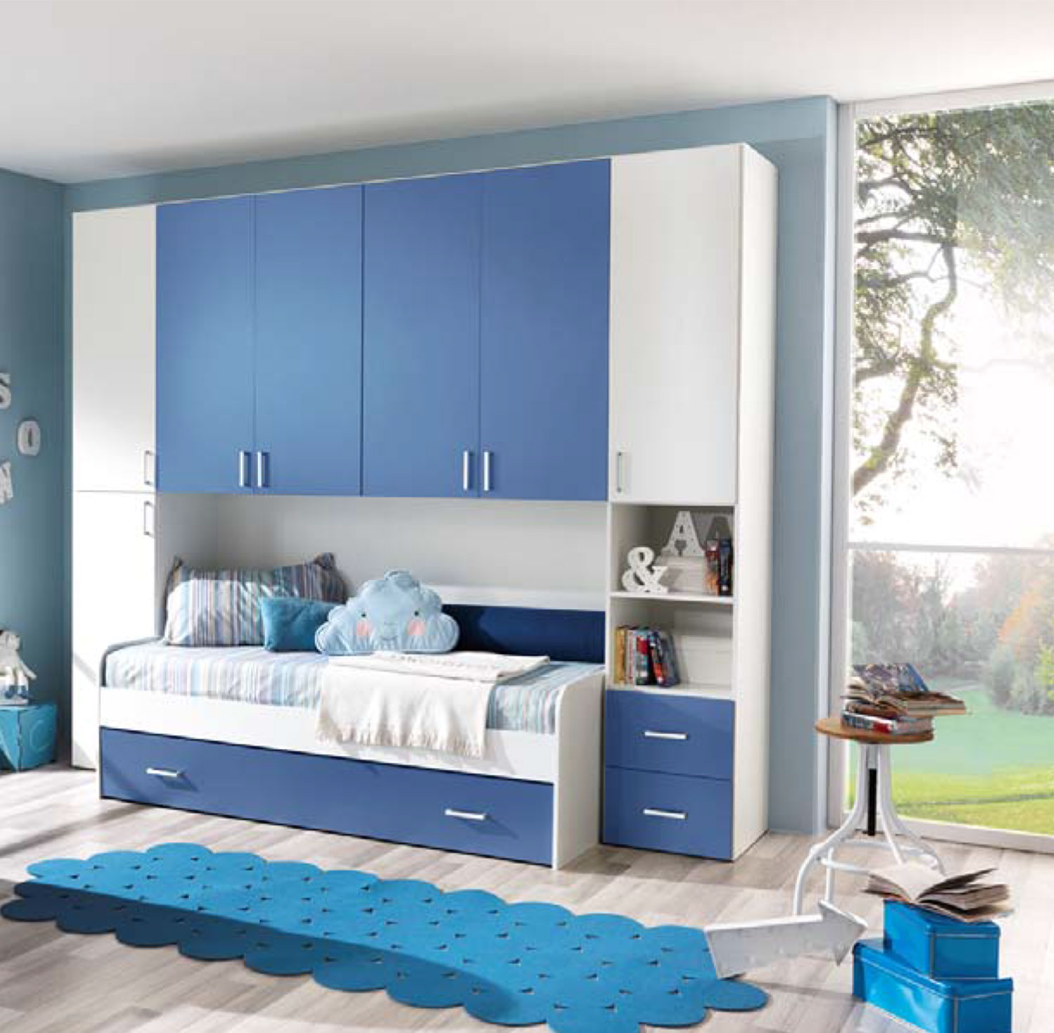 Cameretta a ponte con cassetti in finitura bianco frassinato e stratus