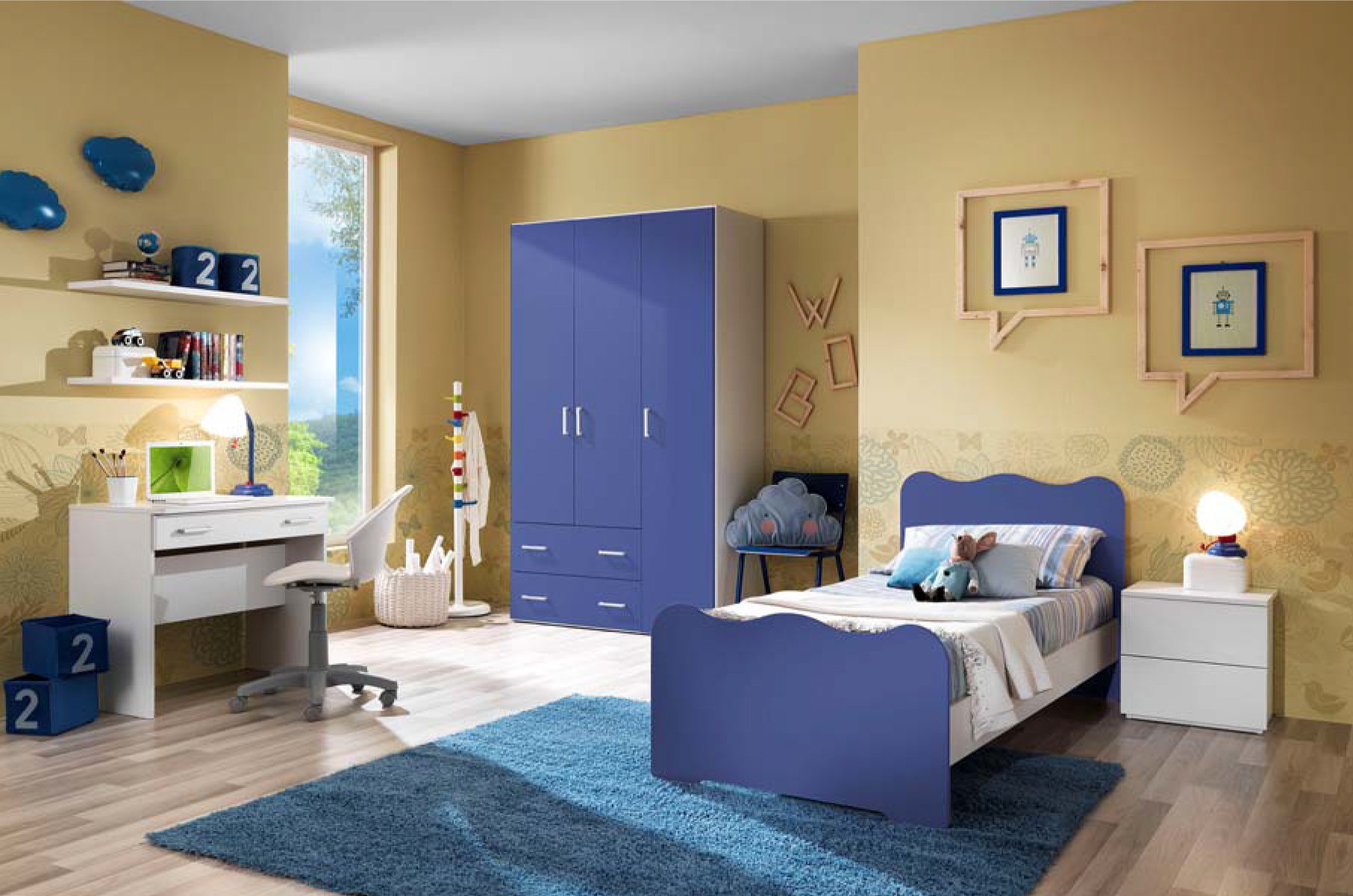 Camerette bambini, cameretta completa bianco frassino e blu