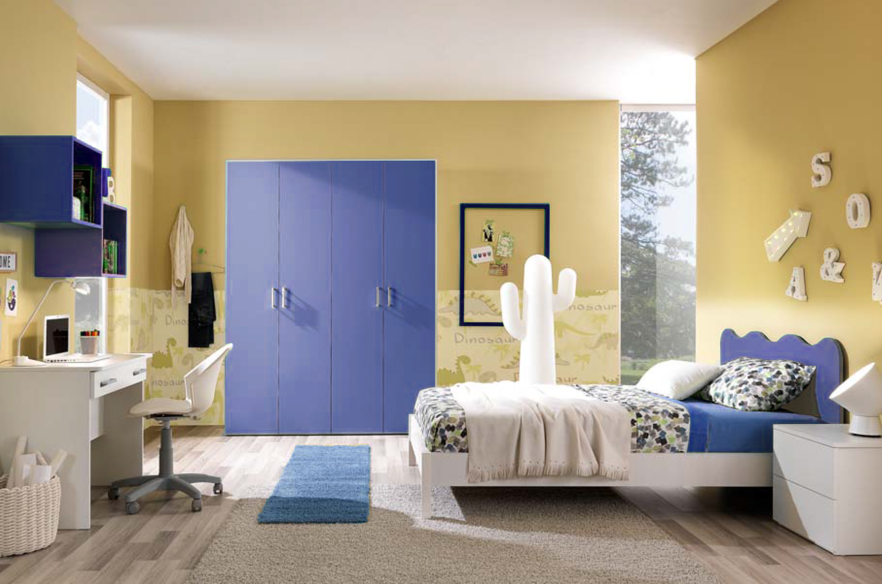 Cameretta completa linea onda blu con letto una piazza e mezza