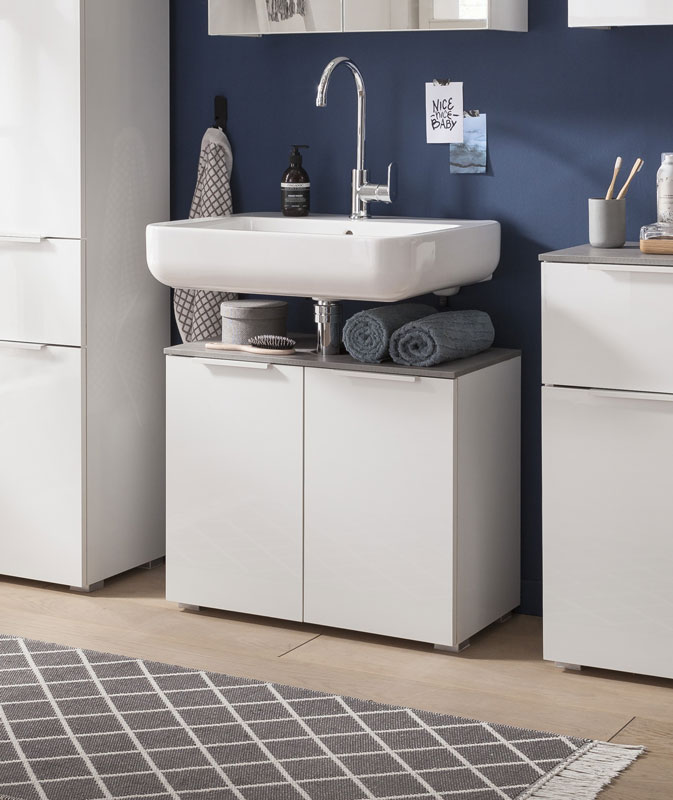 Mobili x il bagno a 2 ante, finitura Bianco Laccato e top Grigio Cemento