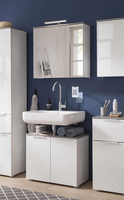 Mobili x il bagno a 2 ante, finitura Bianco Laccato e top Grigio Cemento