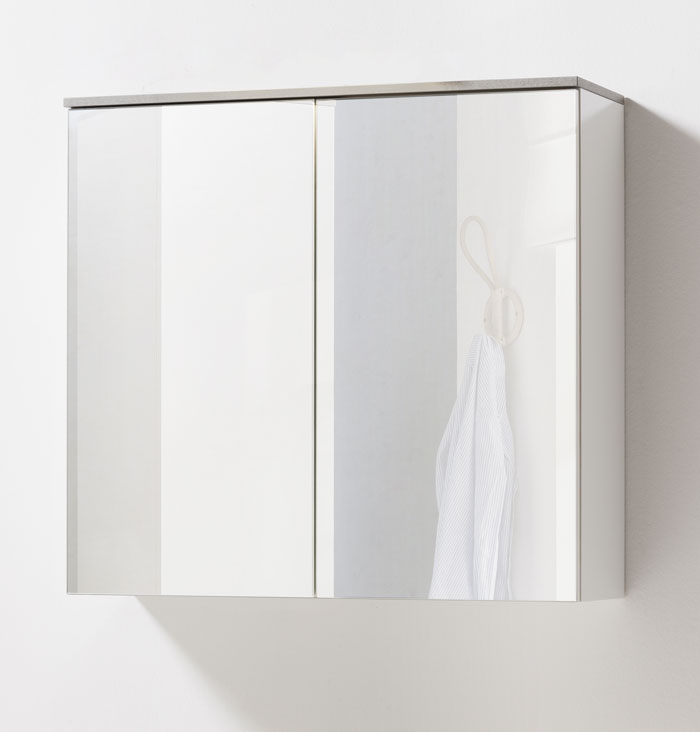 Pensile moderno a specchio, 2 ante, Bianco Laccato e top Grigio Cemento